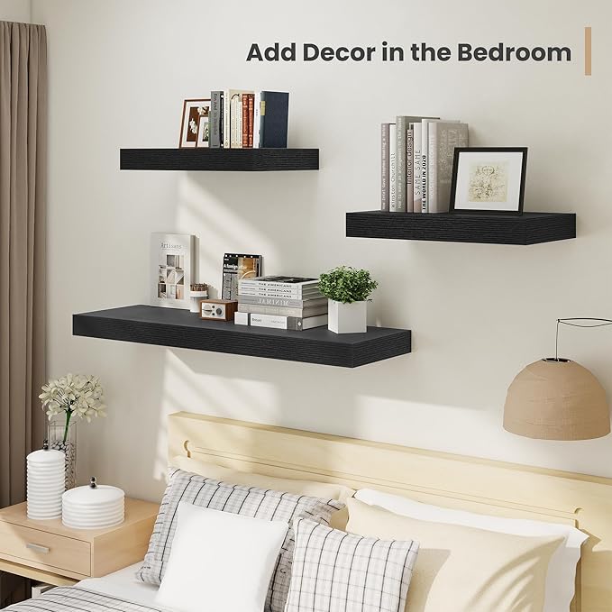 Heimlove 12 Inch Deep Floating Shelves, 48 x 12 inches Long Wall Shelf, Large Display Shelf & Storage Shelf, Rustic Wood Wall Shelves for Fireplace Mantel, Set of 2(Black)