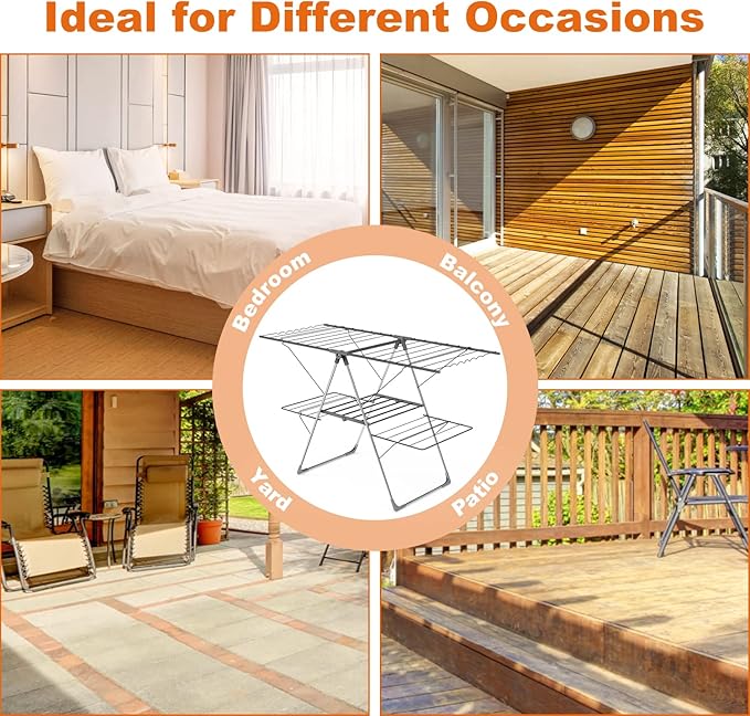 Bigzzia Clothes Drying Rack Foldable, 2-Level Large Laundry Drying Rack Collapsible, Stainless Steel Drying Rack Clothing for Indoor Outdoor, Easy to Fold, 33 Drying Rails, 142cm, Gray