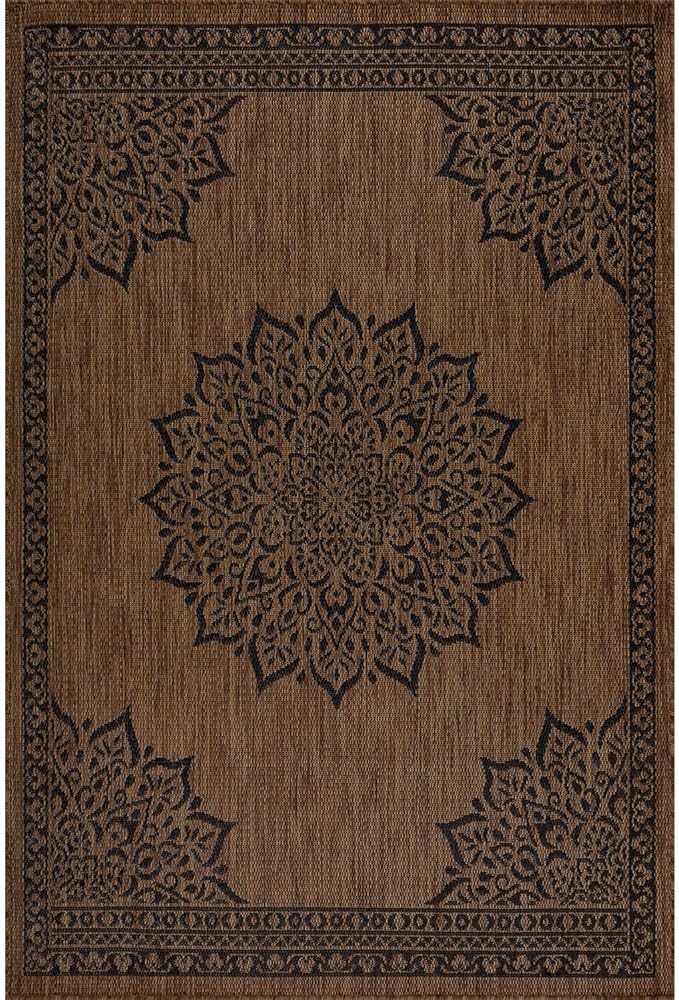 CAMILSON Outdoor Rug, 10x14 Medallion Nut Brown Black Modern Area Rugs for Large Indoor and Outdoor Patios, Kitchen and Hallway Mats, Washable Porch Deck Outside Carpet (Nut Brown Black, 10 x 14)