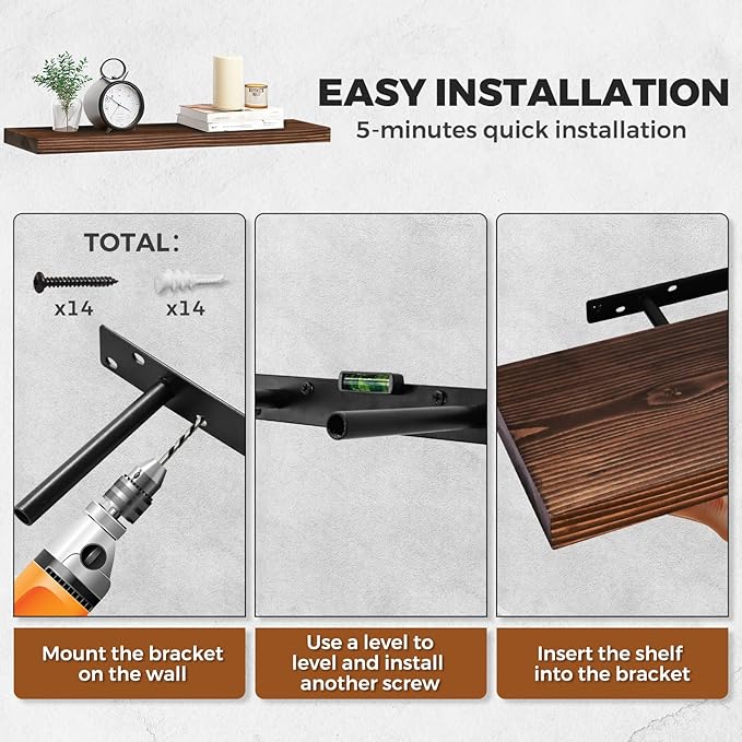 24"x6.8"x1.2" Solid Wood Floating Shelves 2-Pack - Rustic Brown Finish with Hidden Brackets, Perfect for Storage and Décor in Living Room, Kitchen, Bedroom