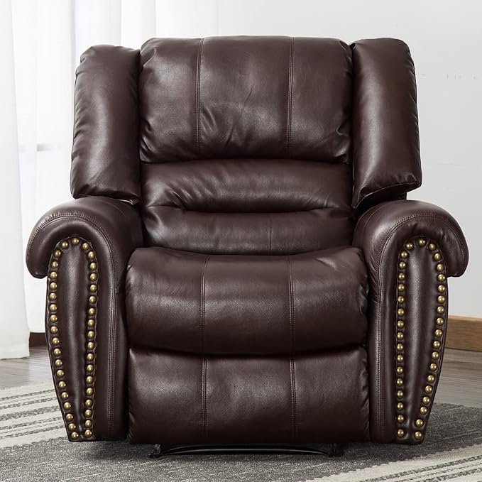 CANMOV Leather Recliner Chair, Classic and Traditional Manual Recliner Chair with Comfortable Arms and Back Single Sofa for Living Room, Brown