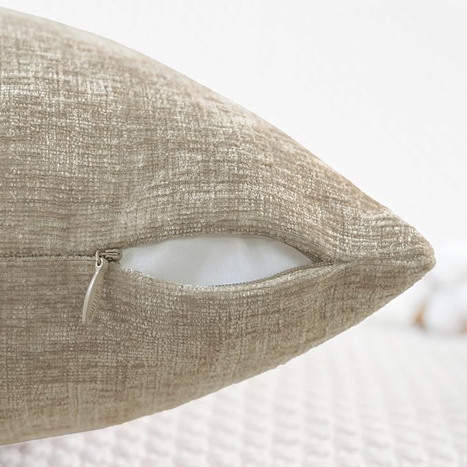 CaliTime Throw Pillow Covers Decorative 24 X 24 Inches Pack of 2 Cozy Chenille Cushion Cases for Couch Sofa Bed Living Room Home Light Taupe