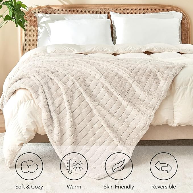 BEDELITE Faux Fur Throw Blanket for Couch, Soft and Cozy 3D Ribbed Fluffy Blanket, Thick Warm Plush Fuzzy Faux Rabbit Fur Blanket for Women Gift (Beige, 60"x 80")