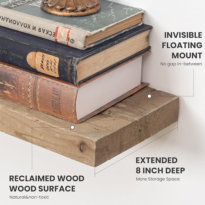 72 inch Floating Shelves for Wall, 8" Deep Rustic Reclaimed Barnwood Shelves, Floating Shelf Wall Hanging Shelves with Invisible Heavy-Duty Metal Bracket | Wall Mounted | Farmhouse Style, 1PC,Natural