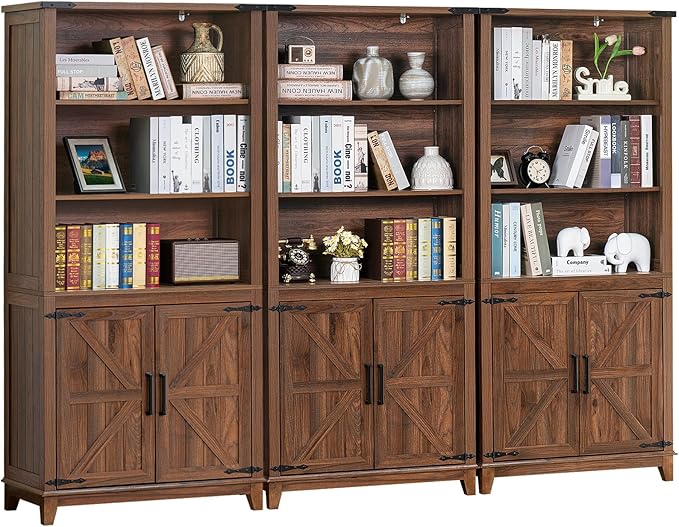 70in Tall Bookshelf 5 Tier Bookcase with Barn Doors and Adjustable Shelves, Brown Farmhouse Book Shelf with Storage Cabinet, Wood Freestanding Display Bookshelves for Bedroom, Kitchen (3PCS)