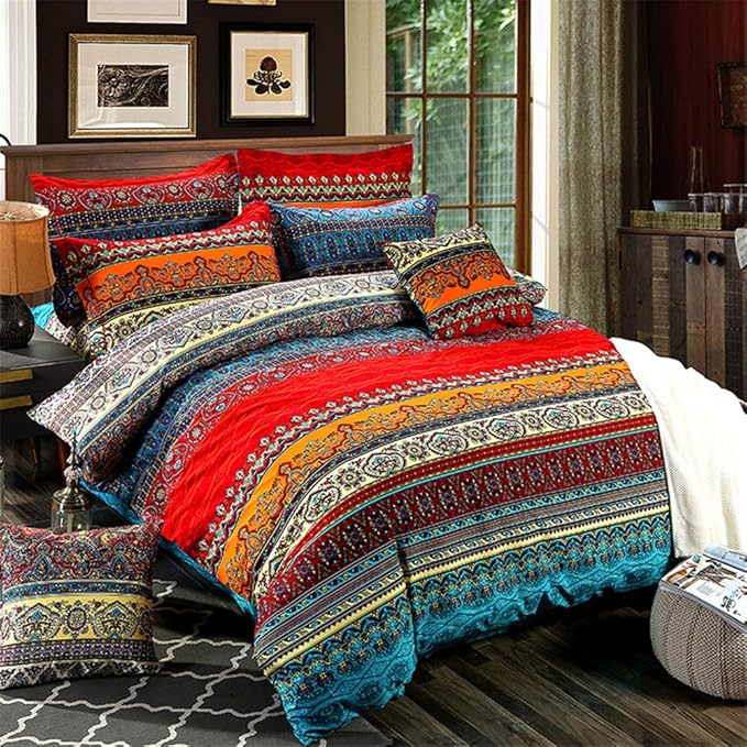 ABREEZE 3Pcs Bohemia Retro Bedding Ethnic Vintage Floral Duvet Cover Boho Bedding 100% Brushed Cotton Bedding Sets Damask Paisley Coloful Mandala Down Comforter Cover,King