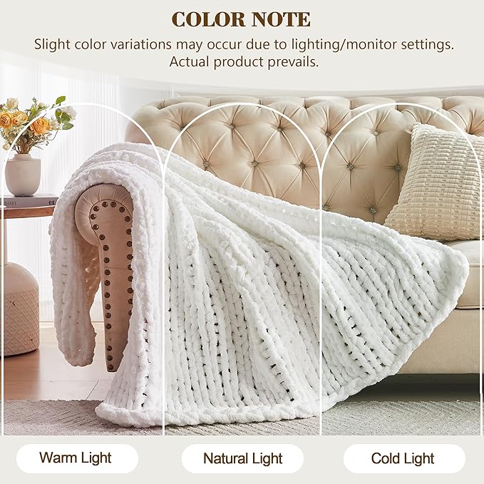 Carriediosa Chunky Knit Throw Blanket 60" X 80" Twin, 100% Hand Made Large Chenille Loop Yarn Soft Fluffy Throws for Couch Sofa Bed, Big Crochet Cozy Heavy Thick Cable Woven Blankets, Snow White