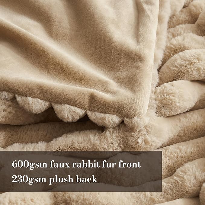 Amélie Home Faux Fur Throw Blanket for Couch, Cozy Fuzzy Fluffy Fur Luxurious Soft Striped Plush Gift Blankets for Family Sofa Chair Bed Living Room Bedroom, 60"x80", Beige