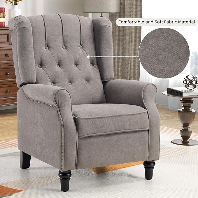 CANMOV Push Back Recliner Chair Set of 2, Modern Fabric Wingback Recliner Chair, Comfy Armchair Single Sofa Accent Chair with Padded Seat and Nailhead Trim, Tufted, Grey