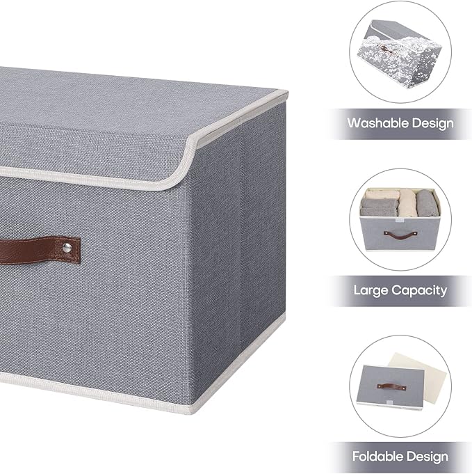 ANMINY 4PCS Storage Bins with Lid PU Leather Handles Storage Boxes PP Plastic Board Decorative Foldable Lidded Cotton Linen Fabric Home Cubes Baskets Closet Organizer Containers - Gray, Large Size
