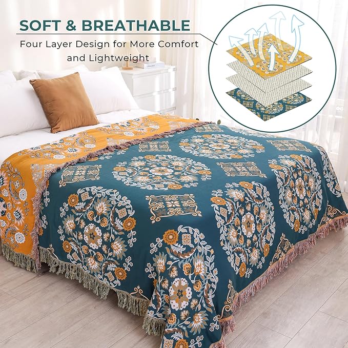 Boho Throw Blanket for Bed,100% Cotton Ultra Soft Lightweight Muslin 4-Layer Breathable Woven Throws 90''x 98'' Blanket Yellow Floral Printed Farmhouse Decor Bed Blankets