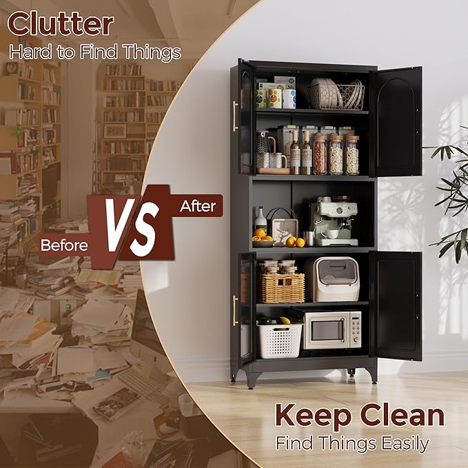 75" Tall Kitchen Pantry Storage Cabinet, Metal Storage Cabinets with 4 Doors and Adjustable Shelves, Black Kitchen Hutch Cabinet with Microwave Stand, Large Cupboard for Dining Living Room