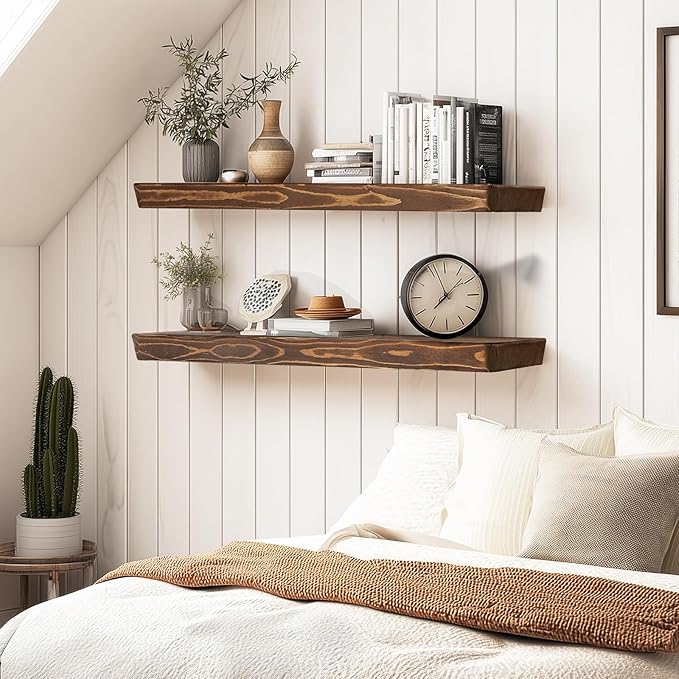 36"x6.8"x1.6" Slanted Floating Wall Shelves 2-Pack - Rustic Brown Finish, Heavy-Duty Solid Wood Design with Hidden Brackets - Perfect for Living Room, Kitchen, Bathroom, or Office