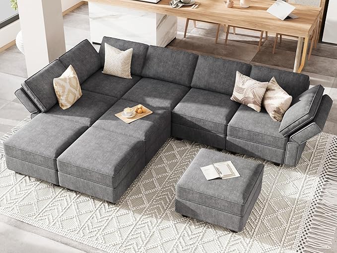Belffin Modular Sectional Sleeper Sofa Couch with Storage Ottoman Convertible Sectional Couches for Living Room Terry Reversible Chaise. Dark Grey Sofa
