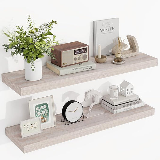 36 Inch Floating Shelves, 3D Textured Wood Grain, 36"x9.25"x1.5" Inch Deep Floating Shelves for Wall, Wooden Shelves for Bathroom, Bedroom, Living Room, Washed White