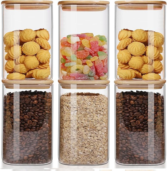 50oz Glass Food Storage Jars Set of 6,Glass Storage Containers Clear Glass Food Canister with Bamboo Lid Airtight For Serving Tea, Coffee, Flour, Sugar, Candy, Cookie, Spice and More (Square)