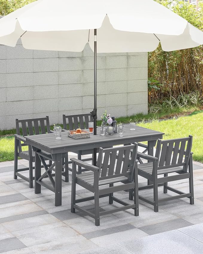 HDPE Outdoor Dining Set of 6, Patio Dining Table Set with 4 Chairs and 1 Bench, 6 Pieces HDPE Dining Set with Umbrella Hole, Outdoor Furniture Sets for Deck, Poolside, Garden, Smoke Gray