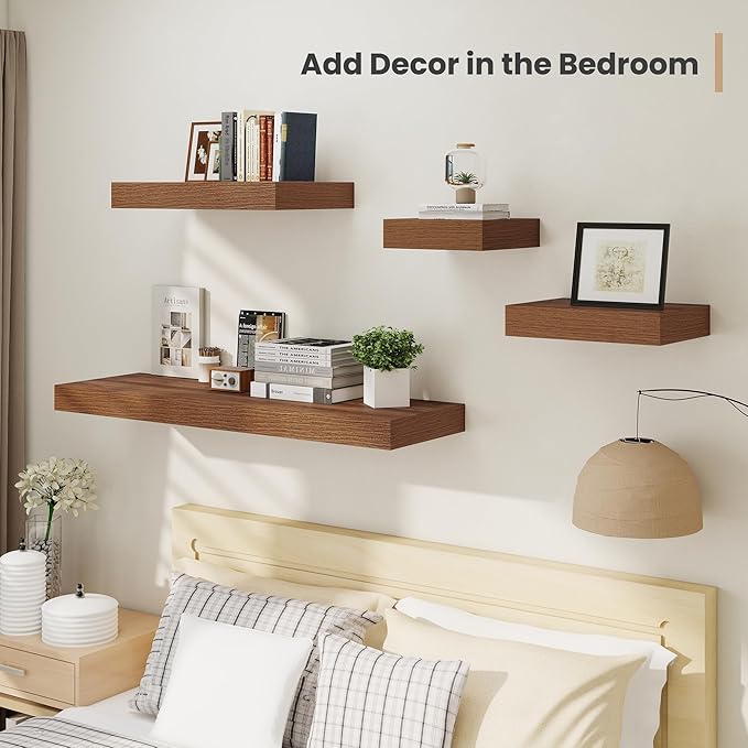 Heimlove 12 Inch Deep Floating Shelves, 16 x 12 inches Long Wall Shelf, Large Extra Display Shelf & Storage Shelf, Rustic Wood Wall Shelves for Fireplace Mantel, Walnut - 2Pack