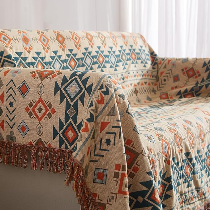 Boho Throw Blanket for Couch Sofa Bed, 100% Cotton Woven Quilt with Tassel 90”x98”, Super Soft Muslin Blanket with Patchwork Printed, Decorative Reversible Bed Blanket/Cover for All Seasons