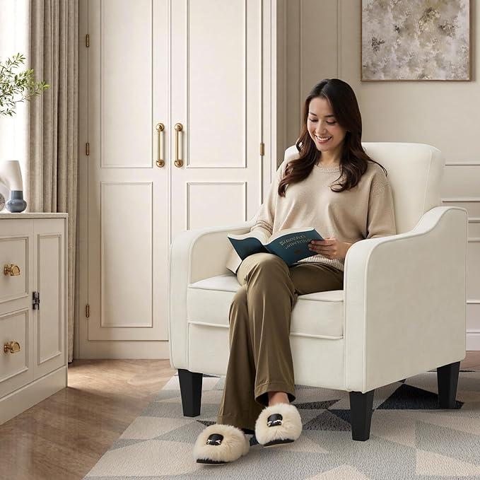 Accent Chairs Set of 2, Upholstered Living Room Chairs with Side Pockets, Mid Century Modern Reading Chair for Bedroom, Comfy Armchair Single Sofa Side Chair for Office, Small Room, Beige