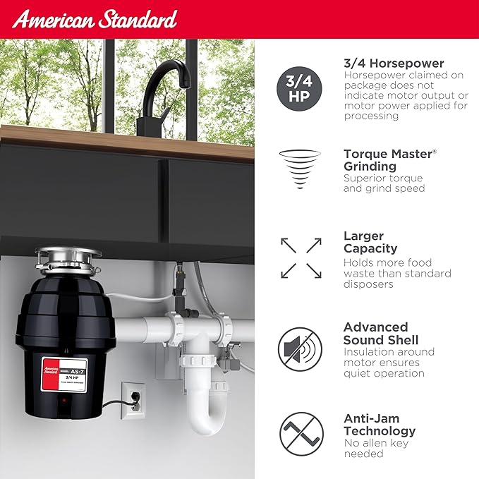 American Standard 10-US-AS-7 Garbage Disposal Anti-Jam Stainless Steel Food Waste Grinding System, Heavy Duty, 3/4 HP, Black