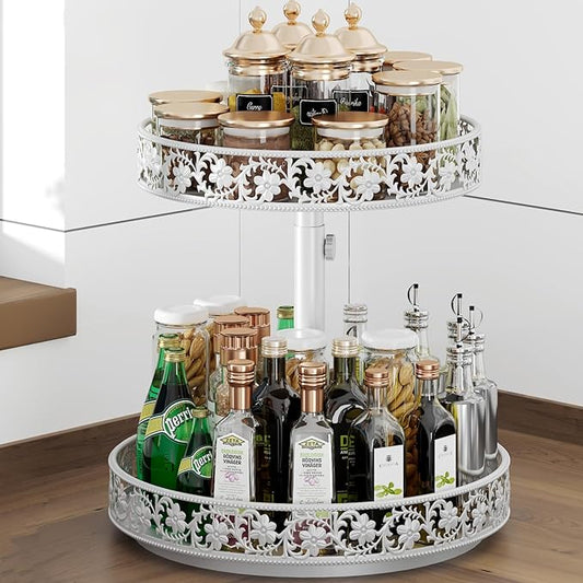 2 Tier Lazy Susan Organizer Turntable Adjustable,12 Inch Two Tier Lazy Susan Metal Easy Assembly Cleaning, Rotating Spice Rack Organizer for Cabinet Dining Table Kitchen Countertop White