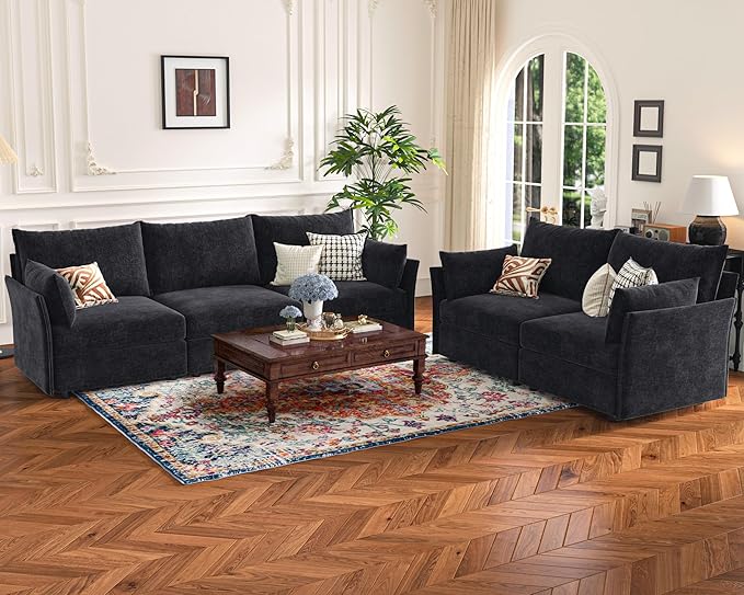 135.5" Oversized Modular Sectional Sofa, L Shaped Convertible Couch with Movable Ottoman, 5 Seat Corner Couches for Living Room Deep Seat Black Chenille