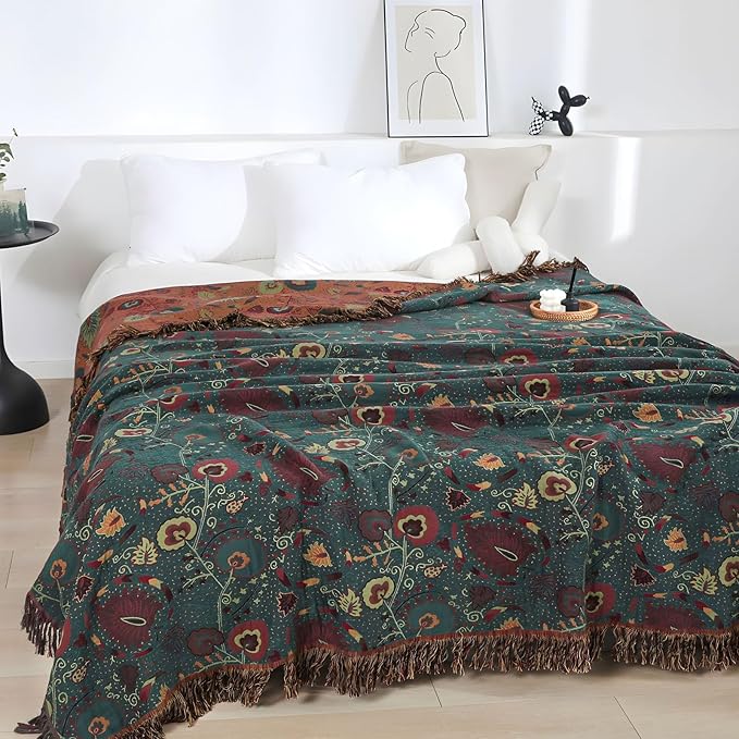 Boho Throw Blanket for Bed - 100% Pure Cotton Ultra Soft Rustic Quilt - Farmhouse Decor Bed Blankets, All Season Rustic Throw for Sofa Couch Chair(60''×80'', Floral)