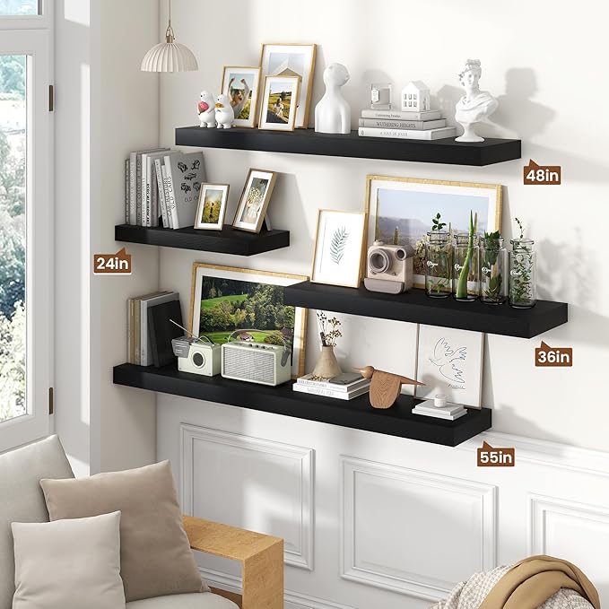 Heimlove 48" Black Floating Shelves for Wall,10 Deep Rustic Wood Display & Storage Wall Shelves with Heavy Duty Brackets for Bathroom,Bedroom,Kitchen,Living Room,Office