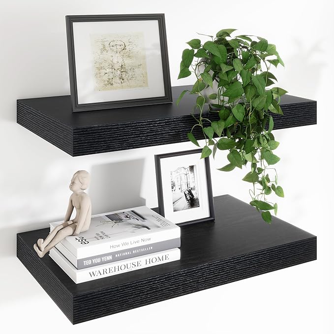 Heimlove 24 x 12 Inch Deep Floating Shelves Wall Mounted with Invisible Brackets,Storage Hanging Shelf for Wall Decor in Bathroom, Bedroom, Toilet, Kitchen, Living Room, Office Set of 2 (Black)