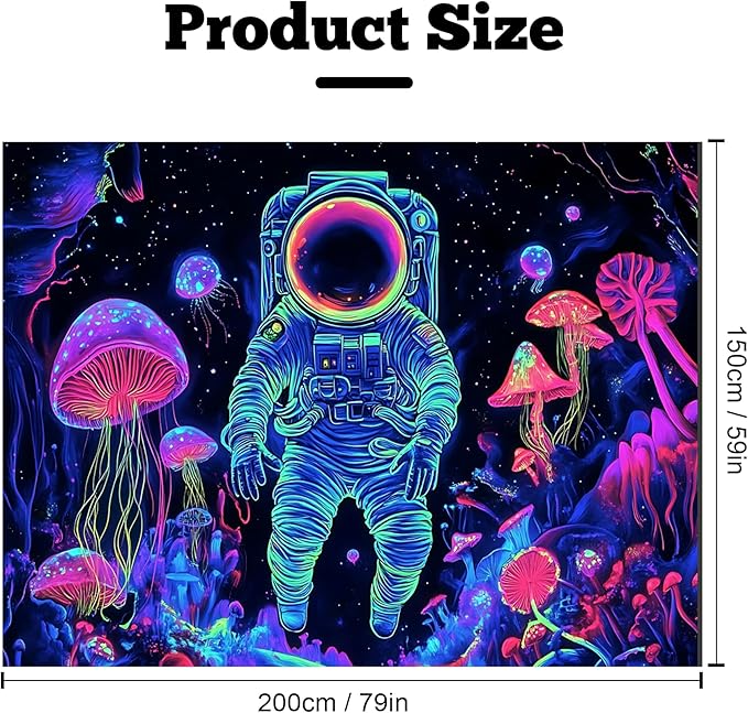 BVBOX Astronaut Space Blacklight Tapestry 79"x59", UV Reactive Astronaut Mushroom Forest Universe Galaxy Planet Glow in Dark Tapestries, Black Light Neon Upright Poster Wall Hanging Backdrop Decor for Bedroom Living Room