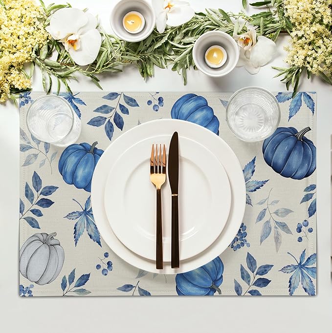 Blue Pumpkin Maple Leaves Fall Placemats Set of 4 Autumn Thanksgiving Harvest Linen Place Mat Non Slip Heat Resistant Washable Table Mats for Party Kitchen Dining Decoration