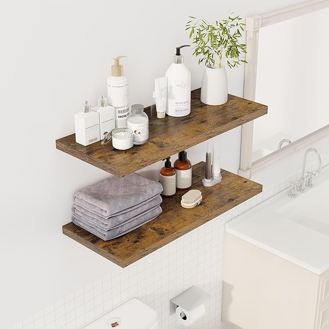 32" Floating Shelves for Wall, 12" Deep Slim Rustic Brown Floating Shelves, Wall-Mounted Shelves for Bedroom, Living Room, Kitchen, Bathroom - Set of 2