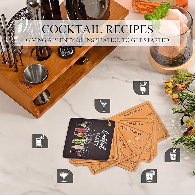 Bartender Kit Cocktail Shaker Set with Stand Bar Tool Bar Set for Drink Mixing Home Bartending Kit 17-Piece Bar Cart Accessories: Martini Shaker, Mixer Spoon, Jigger, Muddler, Strainer & Recipes Gifts