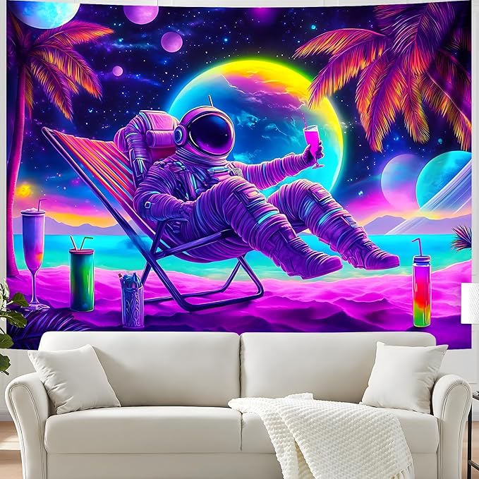 BVBOX Astronaut Space Blacklight Tapestry 79"x59", UV Reactive Astronaut Beach Lounge Chair Vacation Universe Planet Glow in Dark Tapestries, Black Light Neon Upright Poster Wall Hanging Backdrop Decor for Bedroom Living Room