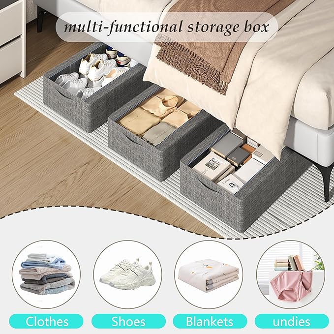 3PCS Under Bed Storage Bins with Metal Frame, Linen Fabric Frame Storage Box Clothes Organizer Bins, Underbed Container with Clear Window (Dark Grey, 23.6 x 13 x 6IN)
