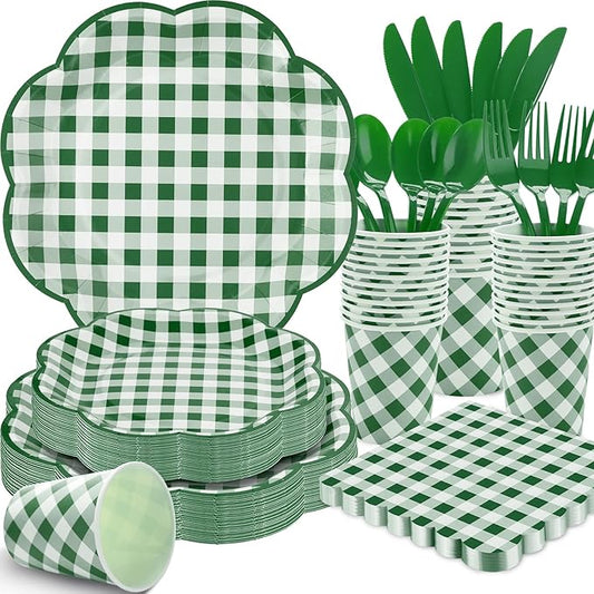 350 Pcs Green Gingham Plates and Napkins Party Supplies - Green and White Checkered Plates Sets Serve 50 Guests - Scalloped Gingham Paper Plate for Birthday Picnic BBQ Golf Party Decorations