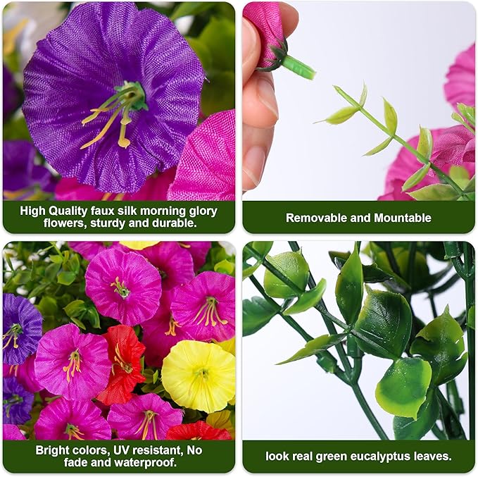 Artificial Flowers for Outdoors Fake Plants Outside Decoration, 12 Bundles Silk Colorful Morning Glory with Eucalyptus UV Resistant Realistic Faux Flowers for Planter Porch Patio Yard Garden