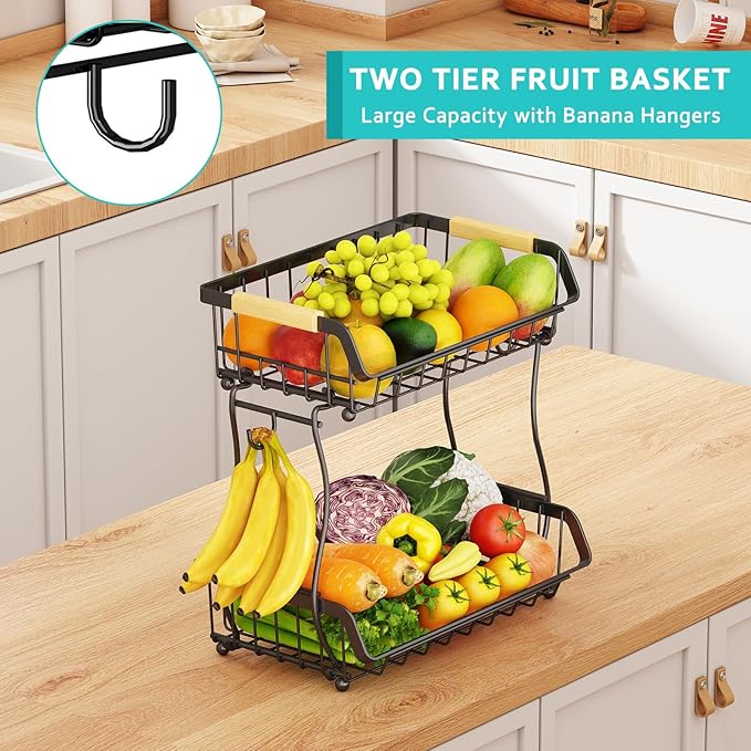 2 Tier Fruit Basket with 2 Banana Hangers, Detachable Countertop Fruit Bowls for Kitchen Counter, Metal Wire Fruit Vegetable Storage Holder Stand with Wooden Handles for Bread, Snacks, Veggies