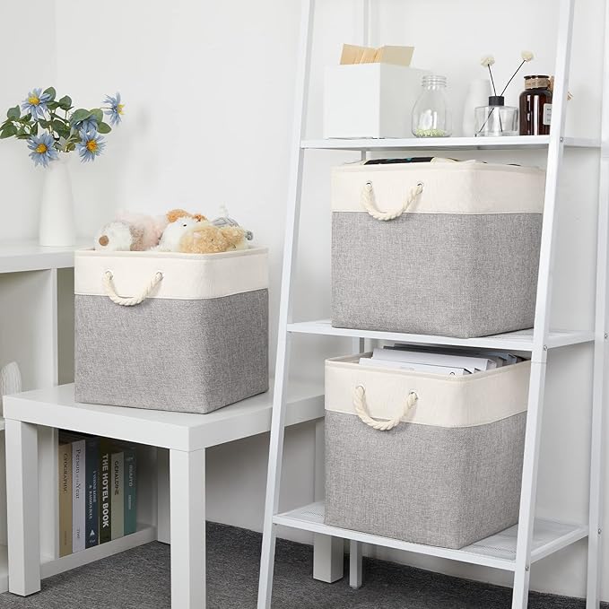 Bidtakay Fabric Basket Set - Large Square Organizer Bins, 13x13, Set of 3, White & Grey