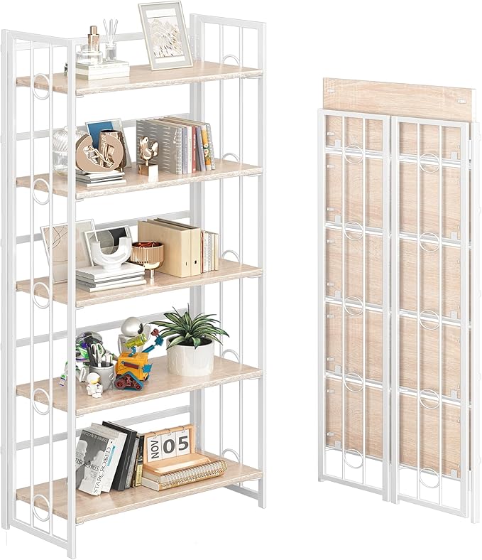 4NM No Assembly 5 Tiers Folding Bookshelf, 59.4" H Foldable Storage Shelves Vintage Bookcase Standing Racks Study Organizer Home Office - Natural White