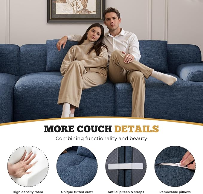 122" Modern L Shaped Modular Sectional Sofa, Boneless Couches for Living Room with Ottoman,4 Seater Convertible Chenille Cloud Couch Sofa Set, No Assembly Required, Blue 1 PCS