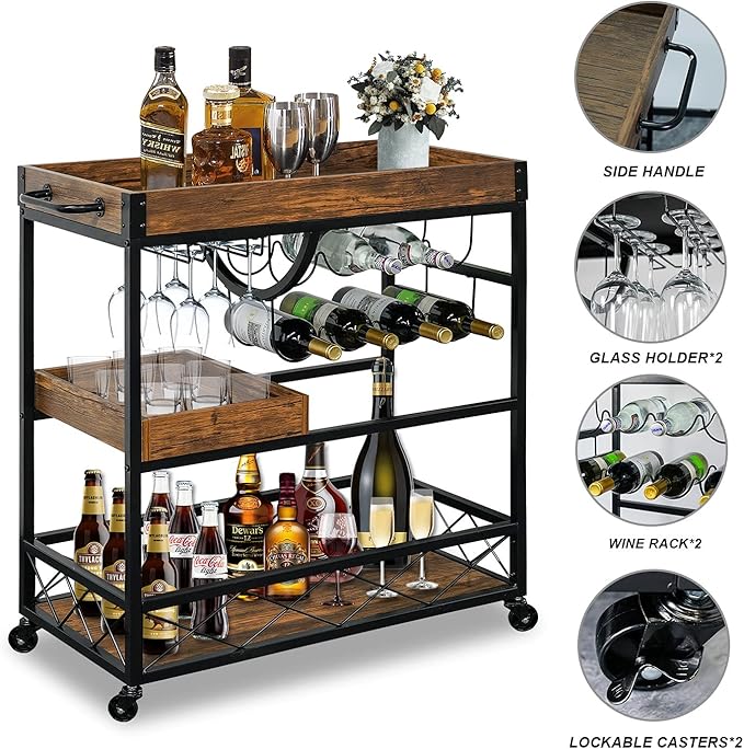 Bar Cart for The Home, 3 Tire Industrial Rolling Serving Cart on Lockable Wheels, Alcoholic Beverage Trolley with 2 Removable Trays, Wine Rack and Glass Holder for Indoor, Outdoor