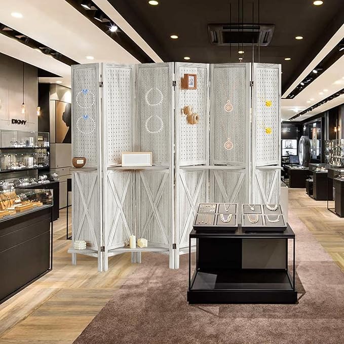 6 Panel Pegboard Display with 24 Hooks, Wooden Pegboard Room Divider Wall with Shelf, Rustic Room Dividers and Folding Privacy Screens, Bedroom, Jewelry Store, White