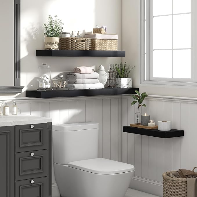 Heimlove 48" Black Floating Shelves for Wall,10 Deep Rustic Wood Display & Storage Wall Shelves with Heavy Duty Brackets for Bathroom,Bedroom,Kitchen,Living Room,Office,Set of 2