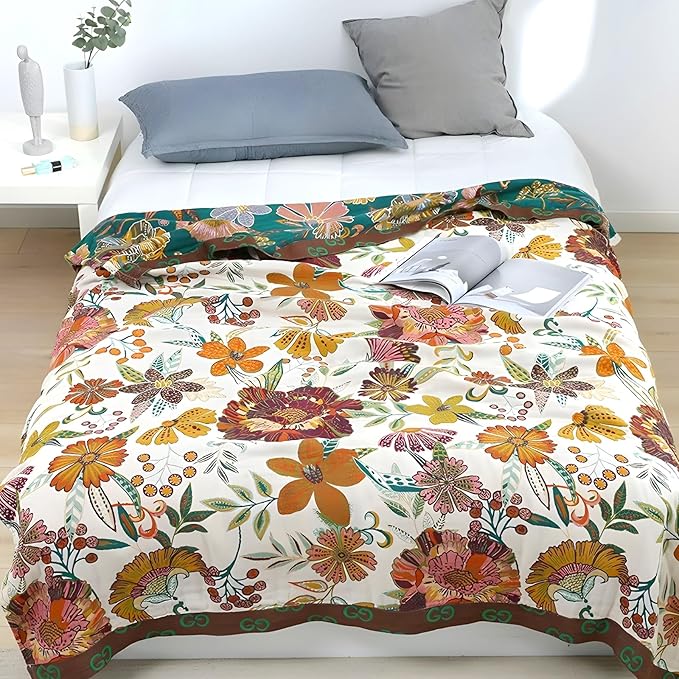 Boho Throw Blanket for Bed - 100% Pure Cotton Ultra Soft Rustic Quilt - Farmhouse Decor Bed Blankets, All Season Rustic Throw for Sofa Couch Chair(80''x 90'', Floral Blossom)