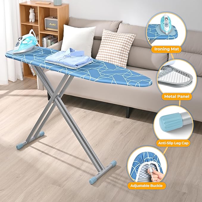 APEXCHASER Ironing Board with Silicon Iron Rest, Heavy-Duty Legs and Heat Resistant Cover, 13x53 inch, Blue