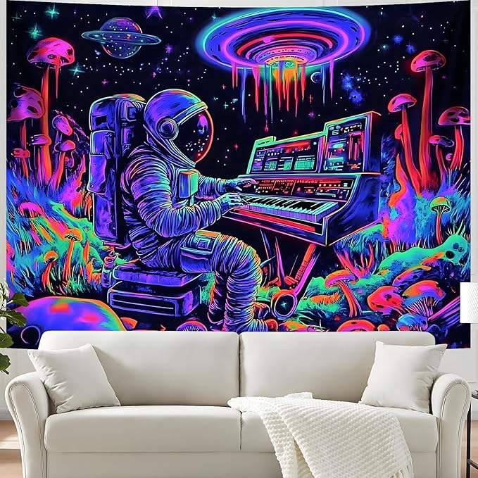 BVBOX Astronaut Space Blacklight Tapestry 79"x59", UV Reactive Astronaut Electronic Piano Universe Galaxy Planet Glow in Dark Music Tapestries, Black Light Neon Upright Poster Wall Hanging Backdrop Decor for Bedroom Living Room