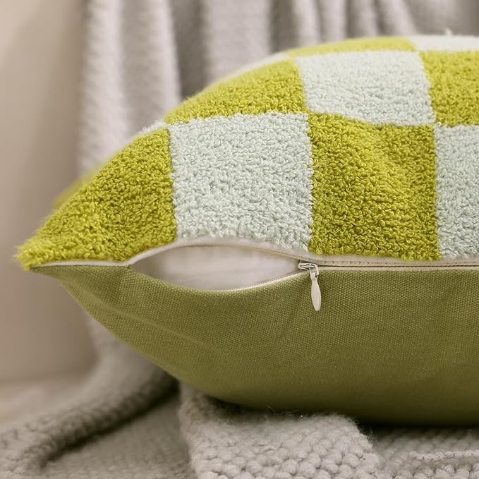 Alysheer Checkered Embroidered Decorative Throw Pillow Covers 18"x 18" Set of 2, Farmhouse Cottage Blue Green Designer Plaid Patterned Cotton Accent Cushion Case for Sofa Couch Bed Living Room
