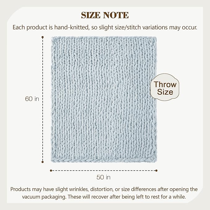 Carriediosa Chunky Knit Throw Blanket 50" X 60", 100% Hand Made Large Chenille Loop Yarn Soft Fluffy Throws for Couch Sofa Bed, Big Crochet Cozy Heavy Thick Cable Woven Blanket, Light Blue